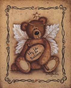 a teddy bear with angel wings holding a barrel