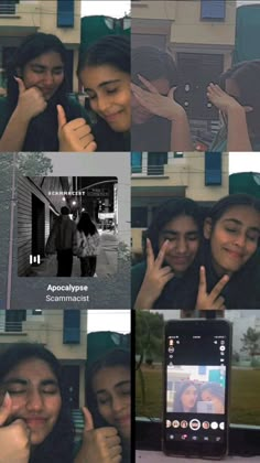 several pictures of two people making the peace sign