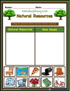 the natural resources worksheet is shown with pictures and words to describe what they are