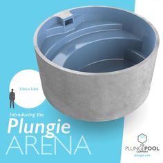 an advertisement for a concrete planter with a man standing next to it and the words plungie arena written below