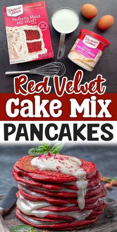 red velvet cake mix is stacked on top of each other