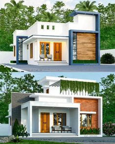 two different views of the front and side of a house