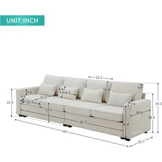 an image of a couch with measurements for the seat and back cushions on each side