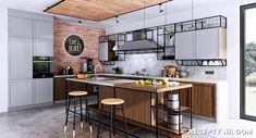 an industrial style kitchen with brick walls and wood accents, along with wooden stools