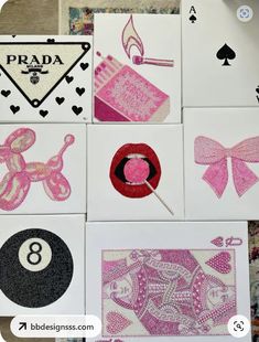 some pink and white cards with different designs on them