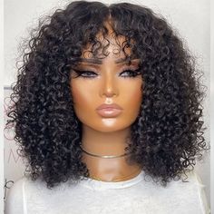 Short Fluffy Curly Human Hair Wig with Bangs Glueless Bob Wig Curly Glueless Wig, 16 Inch Hair, Curly Bob Wigs, Short Human Hair Wigs, Glueless Wig, Curly Hair Wig, Curly Human Hair Wig, Curly Wig, Headband Wigs