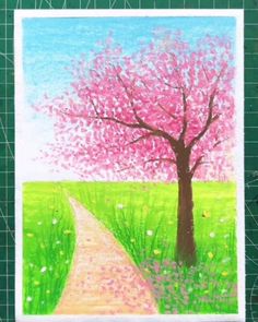 a drawing of a tree with pink flowers on it and a path going through the grass