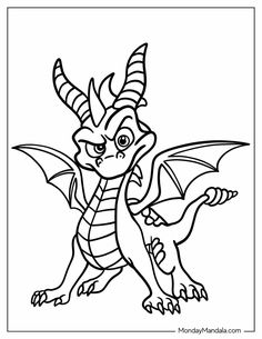 a cartoon dragon with horns and wings on it's back, outlined in black and white