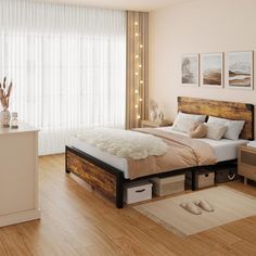 a bed room with a neatly made bed next to a dresser and window covered in lights