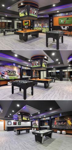 this is an image of the inside of a sports room with pool tables and tvs