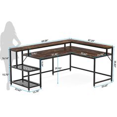 an image of a desk with measurements for the top and bottom section, including two shelves