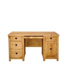 a wooden desk with two drawers on each side and one drawer at the top that has hearts painted on it