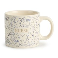 a coffee mug with nurse symbols on it