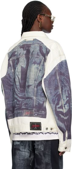 Non-stretch denim jacket. Trompe l'œil effect printed throughout. · Spread collar · Button closure · Welt pockets · Single-button barrel cuffs · Locker loop at back collar · Adjustable button tabs at back hem · Patch pockets at interior · Unlined · Contrast stiching in tan Supplier color: White/Blue Jean Paul Gaultier Women, Denim Party, Cuban Shirts, Tattoo Collection, Printed Denim Jacket, Guys Clothing Styles, Mens Fashion Jeans, Denim Pocket, Blue Jean Jacket