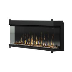 an electric fireplace with flames on the side and black frame, in front of a white background