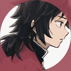 an anime character with black hair and long dark hair in front of a white circle