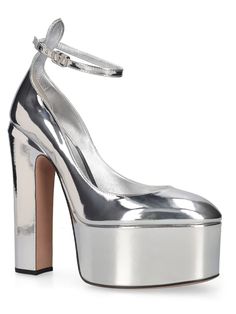 Find VALENTINO 155mm Tango Patent Leather Pumps on Editorialist. 155mm Heel. 55mm External platform. Patent leather upper. Adjustable ankle strap. Leather lining and insole. Leather sole Homecoming Inspo, Valentino Pumps, Valentino Heels, Silver Boots, Heels Silver, Silver Pumps, Ski Accessories, Mule Sandals, Silver Heels