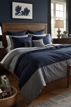 a bed with blue and grey sheets in a bedroom next to a lamp on a table