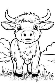 a bull standing in the grass with clouds behind it coloring pages for kids, free printable