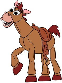 a cartoon horse with big eyes and a saddle on it's back, walking