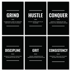 six black and white business cards with the words grunde, hustle, contour