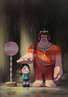 a cartoon character standing next to a little boy in the rain