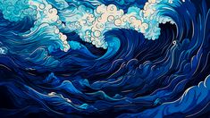 an abstract painting with blue waves and white clouds in the sky on a black background