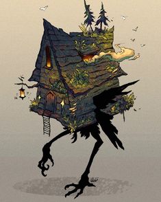 a drawing of a bird with a house on it's back