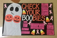 a bulletin board that says, check your booies and has candy in the shape of a ghost