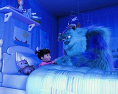 an image of monsters in bed with caption that reads, monster's inc no matter what we give everything for those we care for