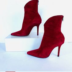 Worn Twice - Jimmy Choo Red Suede Booties Heels, Size 83.5, Zipper In Back Of Booties Approx 4.5 " Red Suede Boots, Red Suede Shoes, Red Suede Heels, Fashion Shoes Heels, Silver Pumps, Chanel Fashion, Jimmy Choo Shoes, Red Suede, Suede Booties