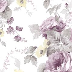 a white and purple flowered wallpaper with lots of pink flowers on the side