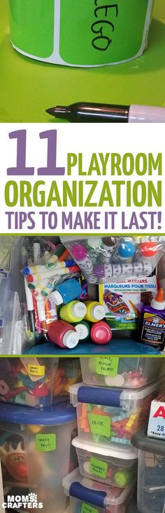 an organized playroom with plastic storage containers and lots of crafting supplies in it