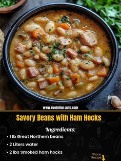 a bowl of stew with ham hocks and vegetables on the side next to bread