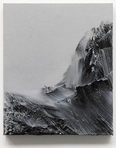 an abstract black and white painting of mountains