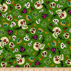 a green background with skulls and flowers