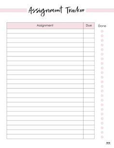 the printable assignment tracker is shown in pink