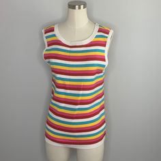 Eesome Sleeveless Knit Sweater Top L Bright Stripe, 18” Across Bust, 24” Length. Hand Wash. Nwt White Tank Sweater Vest For Spring, White Sleeveless Sweater Vest For Spring, Spring Multicolor Stretch Vest, Multicolor Sweater Vest For Summer, White Sleeveless Sweater Vest For Summer, White Cotton Sweater Vest For Summer, White Knit Sweater Vest For Spring, White Crew Neck Sweater Vest For Summer, Multicolor Knit Tank Top For Spring