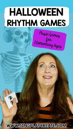 a woman holding up a card in front of her face with the caption halloween rhyth games music games for elementary ages