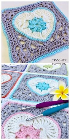 the crocheted granny square is shown with flowers on it and another photo shows how to