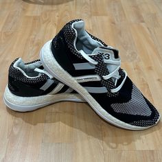 Adidas Y-3 Pure Boost Zg Knit - Core Black Size: Men's 8 Condition: Used But In Great Shape, 8.5/10. Designed In Collaboration With Yohji Yamamoto And Adidas, This Pair Was Released In March 2016. It Features A Sleek Black And White Primeknit Upper, Leather-Branded Tongue, Molded Three-Stripes With Stitched Leather Details, And A Supportive Black Heel Counter. The Eva And Boost Midsole Offers All-Day Comfort. A Stylish And Rare Find! Adidas Y3, Black Heel, Stitching Leather, Yohji Yamamoto, Black Adidas, Mens Shoes Sneakers, Black Heels, Adidas Men, Men's Shoes