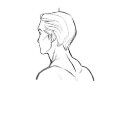 a line drawing of a man's profile facing forward with his head tilted to the side