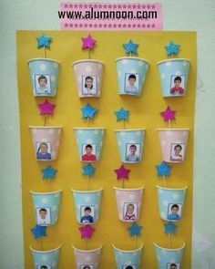 cupcakes are arranged in the shape of pictures on a bulletin board with stars