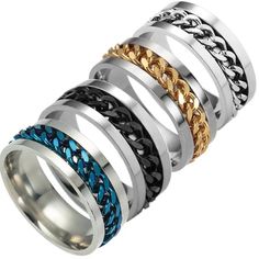 Mens Stainless Steel Cuban link Ring Band Silver/Gold/Black/Blue 8MM Size 8-14 | eBay Casual Rings, Ring Man, Womens Rings Fashion, Titanium Ring, Estilo Punk, Men's Jewelry Rings, Spinner Rings, Trendy Jewelry, Chain Ring