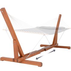 a wooden hammock stand with an attached hammock in the top half