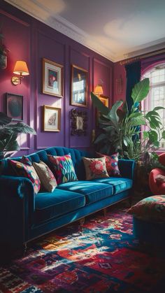 a living room with purple walls and colorful rugs on the floor next to a blue couch