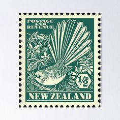 a postage stamp with a bird on it's back and the words new zealand in green