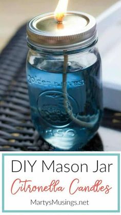 a mason jar with a candle inside and text overlay reading diy mason jar citronella candles