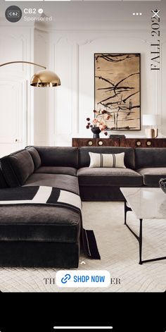 a living room with black and white furniture