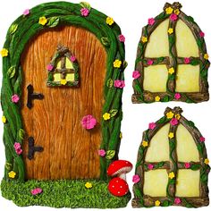 a set of three fairy doors with flowers and vines on the front, one has a mushroom